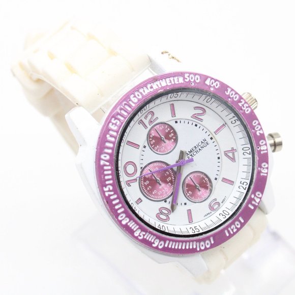 American Exchange Chronograph Watch White Tone Stainless Steel White Rubber Band - Picture 4 of 8